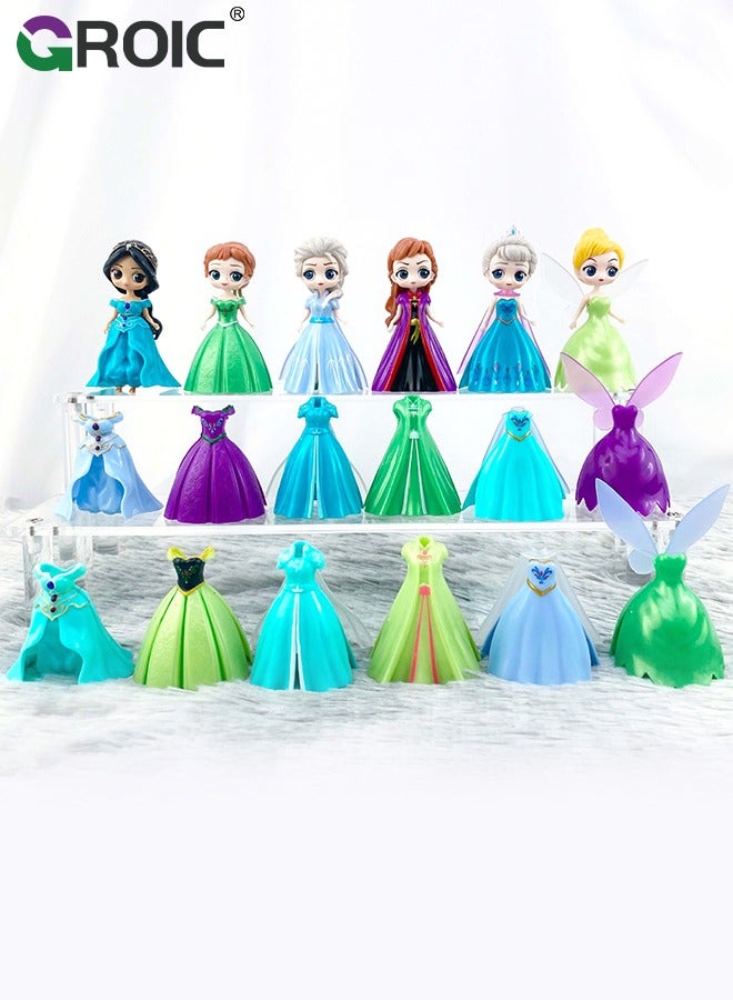GROIC 18 Pcs Princess Dolls And Dresses Set, 3.1'' Princess Action Figures, 6 Princesses with 18 Pieces of Clothing, Princess Transformable Toys Decoration Fun Play, Party Favors, Classroom Prizes for Girls - Image 1