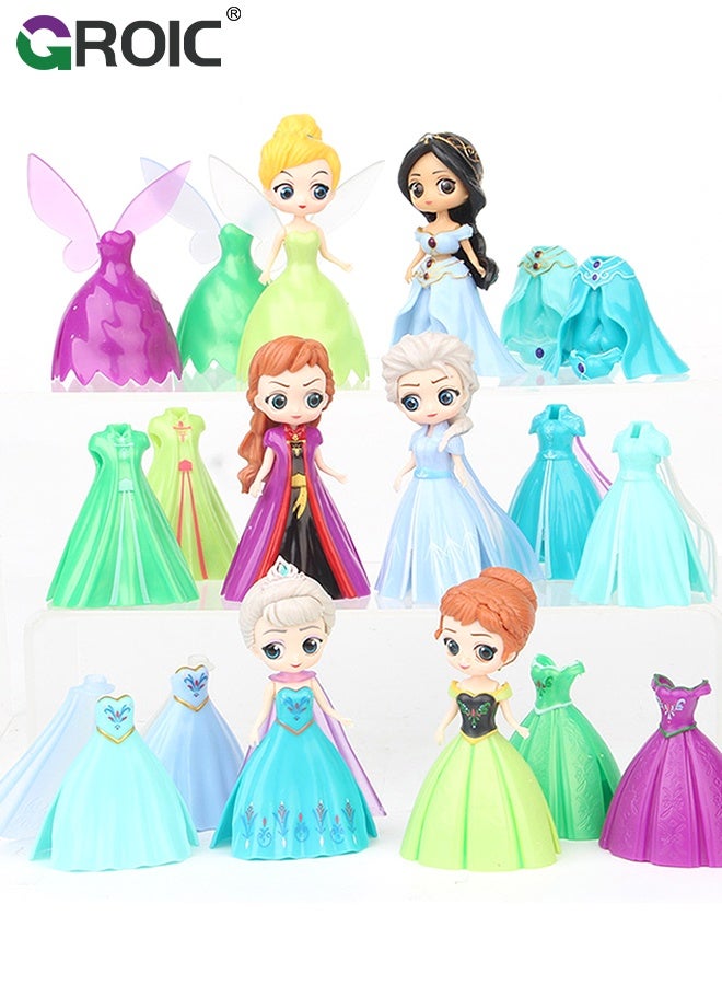 GROIC 18 Pcs Princess Dolls And Dresses Set, 3.1'' Princess Action Figures, 6 Princesses with 18 Pieces of Clothing, Princess Transformable Toys Decoration Fun Play, Party Favors, Classroom Prizes for Girls - Image 3