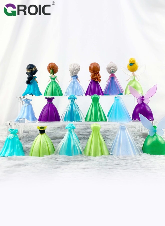 GROIC 18 Pcs Princess Dolls And Dresses Set, 3.1'' Princess Action Figures, 6 Princesses with 18 Pieces of Clothing, Princess Transformable Toys Decoration Fun Play, Party Favors, Classroom Prizes for Girls - Image 2