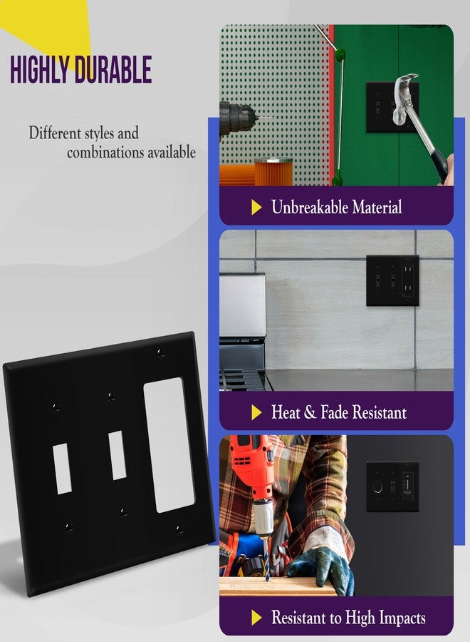 ENERLITES Combination Triple Light Switch Plate, Double Toggle/Single Decorator Switch, Standard Size 3-Gang 4.5" x 6.38", Polycarbonate Thermoplastic, 881231-BK, Black - Image 4