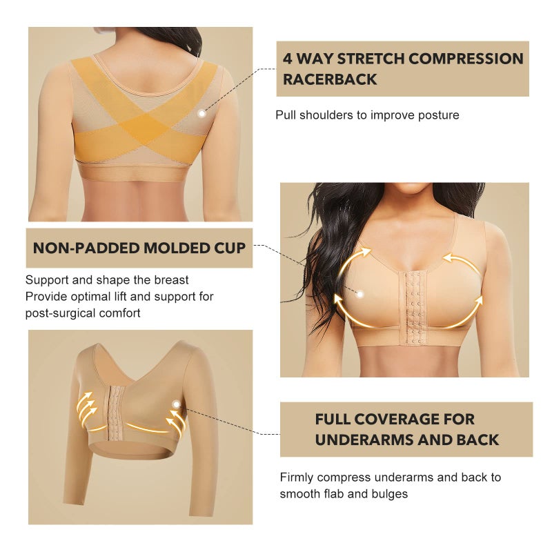 FeelinGirl Arm Shapewear for Women Post Surgical Arm Slimming Compression Sleeves Women Push Up Bra Top Beige S - Image 2
