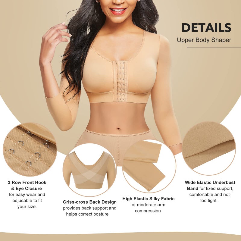 FeelinGirl Arm Shapewear for Women Post Surgical Arm Slimming Compression Sleeves Women Push Up Bra Top Beige S - Image 3