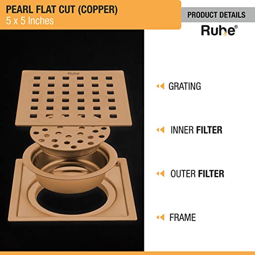 Ruhe® Diamond Flat Cut Floor Drain | Yellow Gold PVD| 304 Stainless Steel Drain Channel | 5 x 5 Inches Waste Water Floor Drain | Drain Channel with Stainless Steel Trap - Image 2
