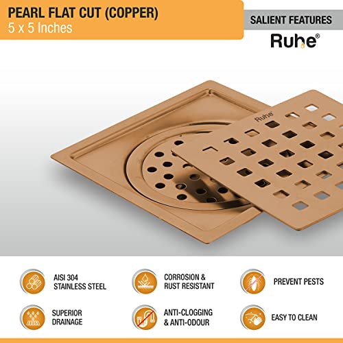 Ruhe® Diamond Flat Cut Floor Drain | Yellow Gold PVD| 304 Stainless Steel Drain Channel | 5 x 5 Inches Waste Water Floor Drain | Drain Channel with Stainless Steel Trap - Image 4