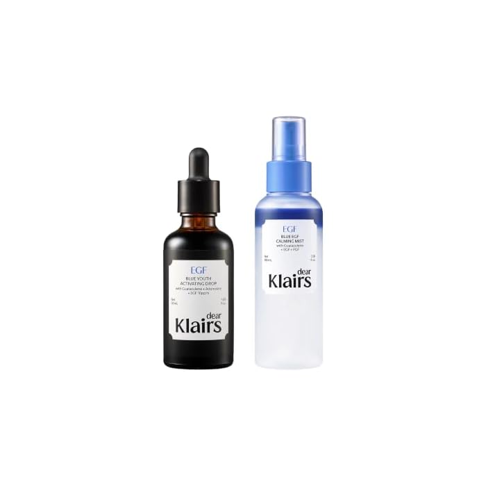 DearKlairs Blue EGF Calming Cooling Duo - EGF Serum and Cooling Face Mist Set, EGF & Guaiazulene Recovery Kit for Sensitive Skin