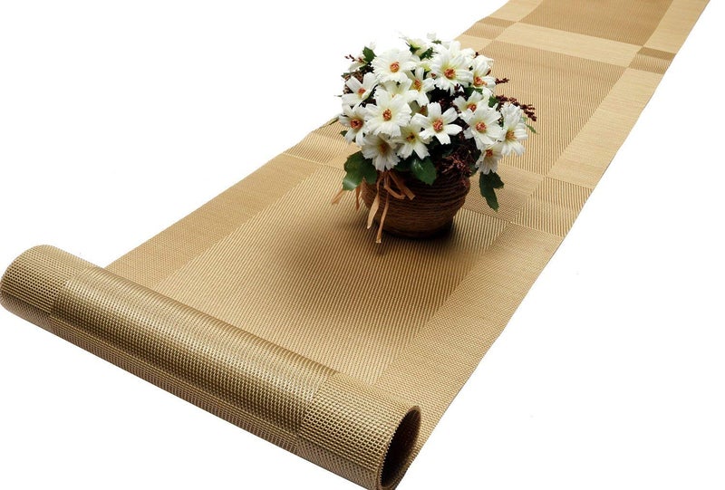 Onlyeasy Onlyesay Durable NonSlip Woven PVC Vinyl Table Runner Washable HeatResistant and StainResistant for Dining Kitchen and Holiday Dcor Golden - Image 1