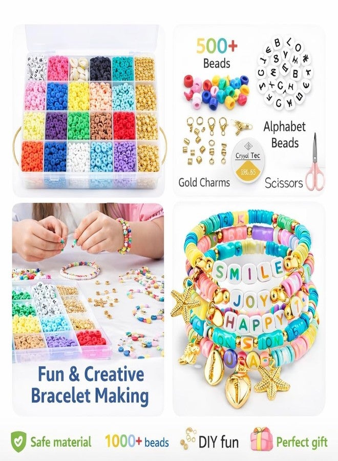 AORDEY Polymer Clay Beads Kit for Bracelet Making | 24 Colors Flat Round Heishi Beads with Letter Beads | Charms Shells and Elastic String | DIY Jewelry Making Craft Kit for Girls Teens Adults - Image 2