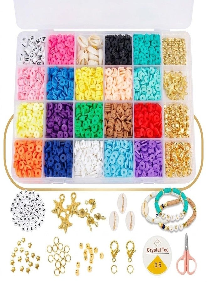 AORDEY Polymer Clay Beads Kit for Bracelet Making | 24 Colors Flat Round Heishi Beads with Letter Beads | Charms Shells and Elastic String | DIY Jewelry Making Craft Kit for Girls Teens Adults - Image 1