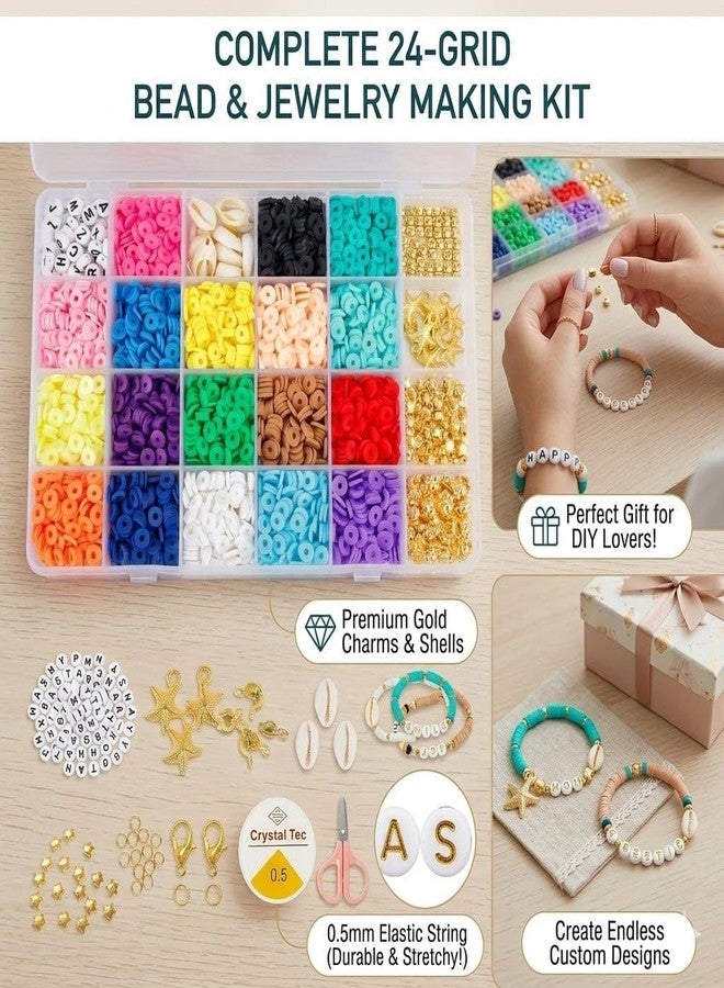 AORDEY Polymer Clay Beads Kit for Bracelet Making | 24 Colors Flat Round Heishi Beads with Letter Beads | Charms Shells and Elastic String | DIY Jewelry Making Craft Kit for Girls Teens Adults - Image 3