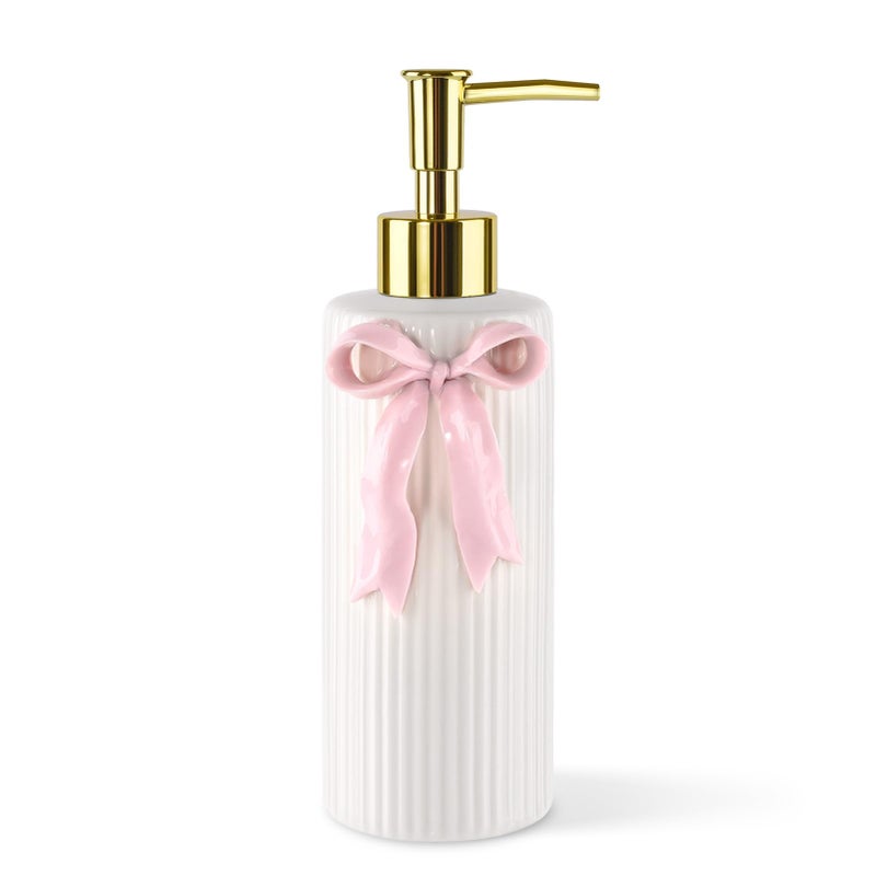 NEWHENGS Handmade Ceramic Bow Soap Pump Dispenser Hand Lotion Liquid Dispenser Refillable for Kitchen and Bathroom Decorative (Ribbon Pink) - Image 1