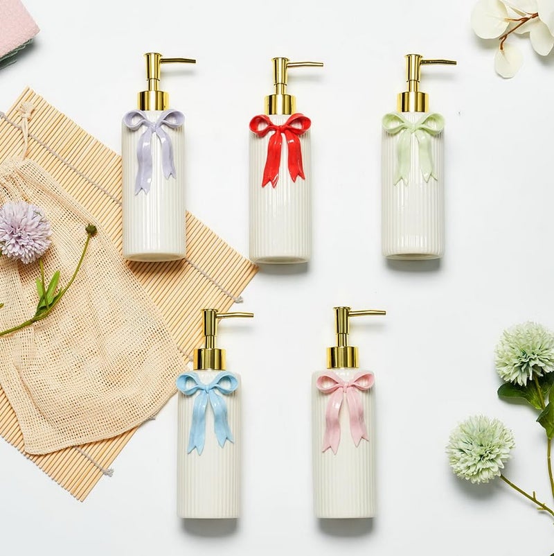 NEWHENGS Handmade Ceramic Bow Soap Pump Dispenser Hand Lotion Liquid Dispenser Refillable for Kitchen and Bathroom Decorative (Ribbon Pink) - Image 4