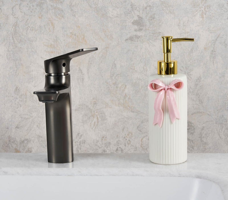 NEWHENGS Handmade Ceramic Bow Soap Pump Dispenser Hand Lotion Liquid Dispenser Refillable for Kitchen and Bathroom Decorative (Ribbon Pink) - Image 2