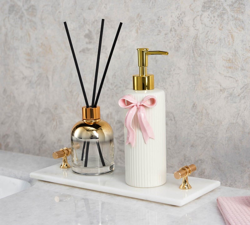 NEWHENGS Handmade Ceramic Bow Soap Pump Dispenser Hand Lotion Liquid Dispenser Refillable for Kitchen and Bathroom Decorative (Ribbon Pink) - Image 3