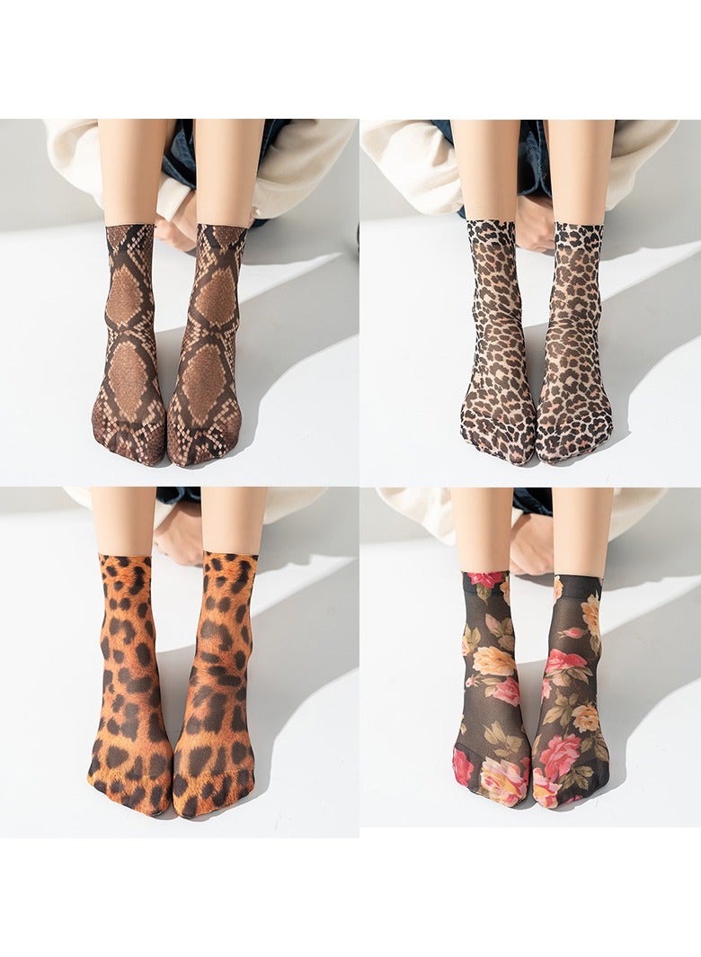 YANCI 4 جوارب نسائية من نوع النمر -جوارب من نوع شباك الصيد النسائية -جوارب من نوع النمر الرقيق -جوارب من نوع السيقان الوسطى - Image 1