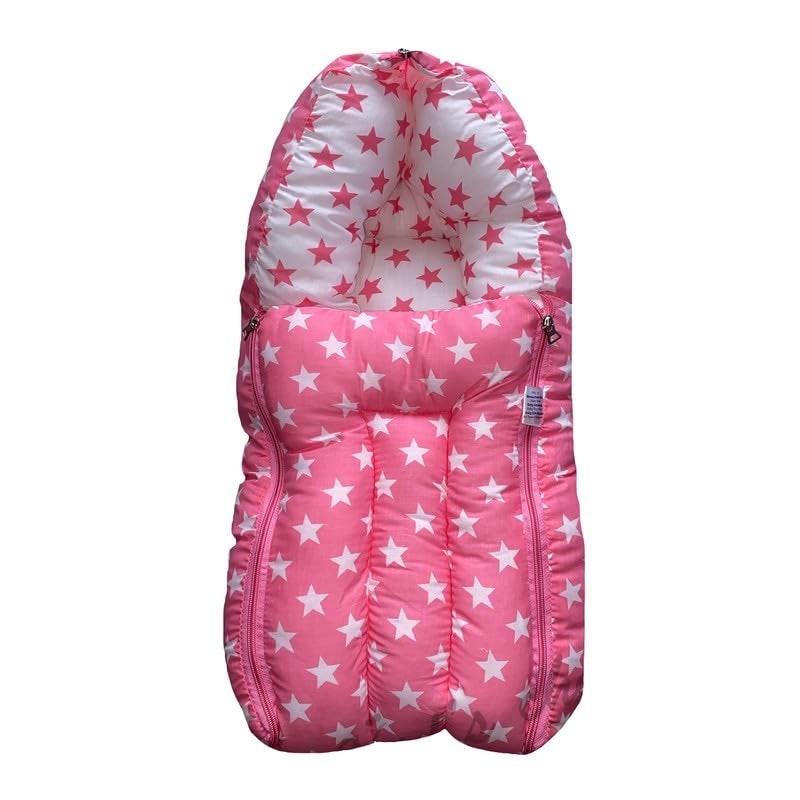 Infans Mini 3 in 1 Babys Cotton Carry Bed with Thick Mattress Portable Unisex Sleeping Bag for 48 Months BabiesMegaPortable Bed Cum Carry BedPrinted Baby Sleeping Bed Star Pink - Image 1