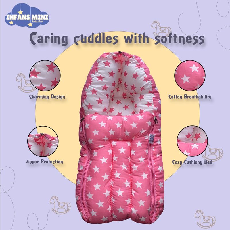 Infans Mini 3 in 1 Babys Cotton Carry Bed with Thick Mattress Portable Unisex Sleeping Bag for 48 Months BabiesMegaPortable Bed Cum Carry BedPrinted Baby Sleeping Bed Star Pink - Image 2
