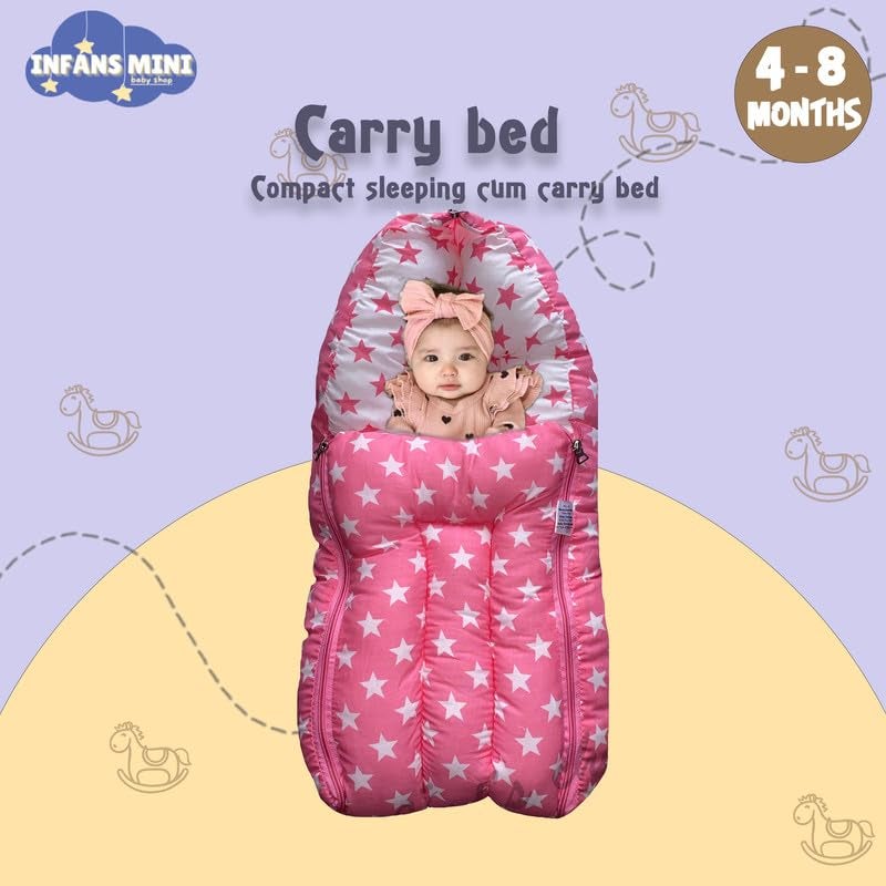 Infans Mini 3 in 1 Babys Cotton Carry Bed with Thick Mattress Portable Unisex Sleeping Bag for 48 Months BabiesMegaPortable Bed Cum Carry BedPrinted Baby Sleeping Bed Star Pink - Image 4