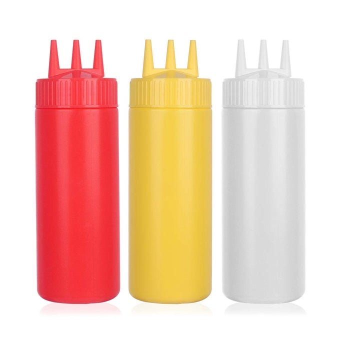3PCS SEASONING SQUEEZE BOTTLES 3 HOLE KETCHUP MUSTARD DRESSING SQUEEZE SQUIRT BOTTLES SALAD SAUCE CONDIMENT CREAM SQUEEZE BOTTLES FOR KITCHEN RESTAURANT BAKERY 24OZ MULTICOLOR