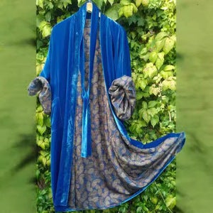 2023 Plus Size Korean Velvet Long Belted Floral Cardigan Dress blue - Image 1