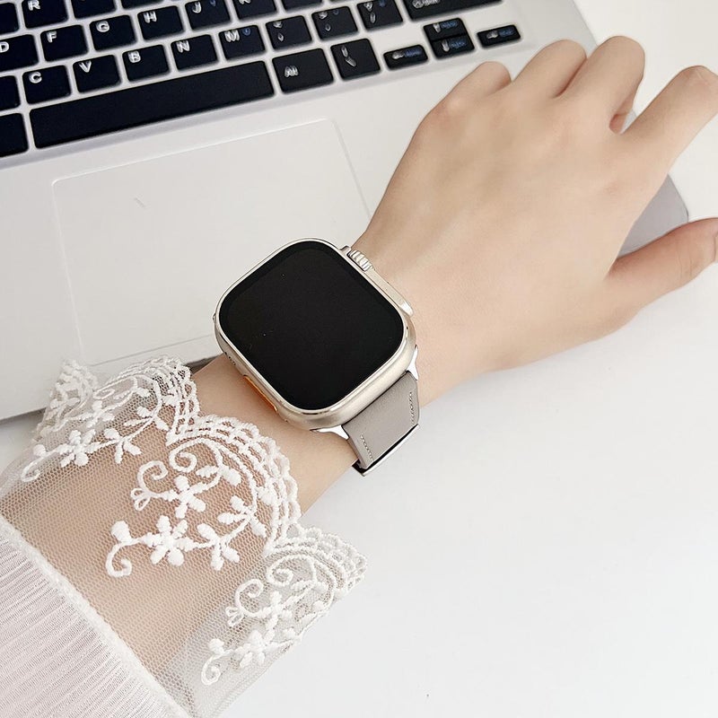 إيروريكس لساعة Apple Watch 38 / 40 / 41 / S10 42 مم سوار ساعة من الجلد الأسود الناعم من Shark (رمادي) - Image 3