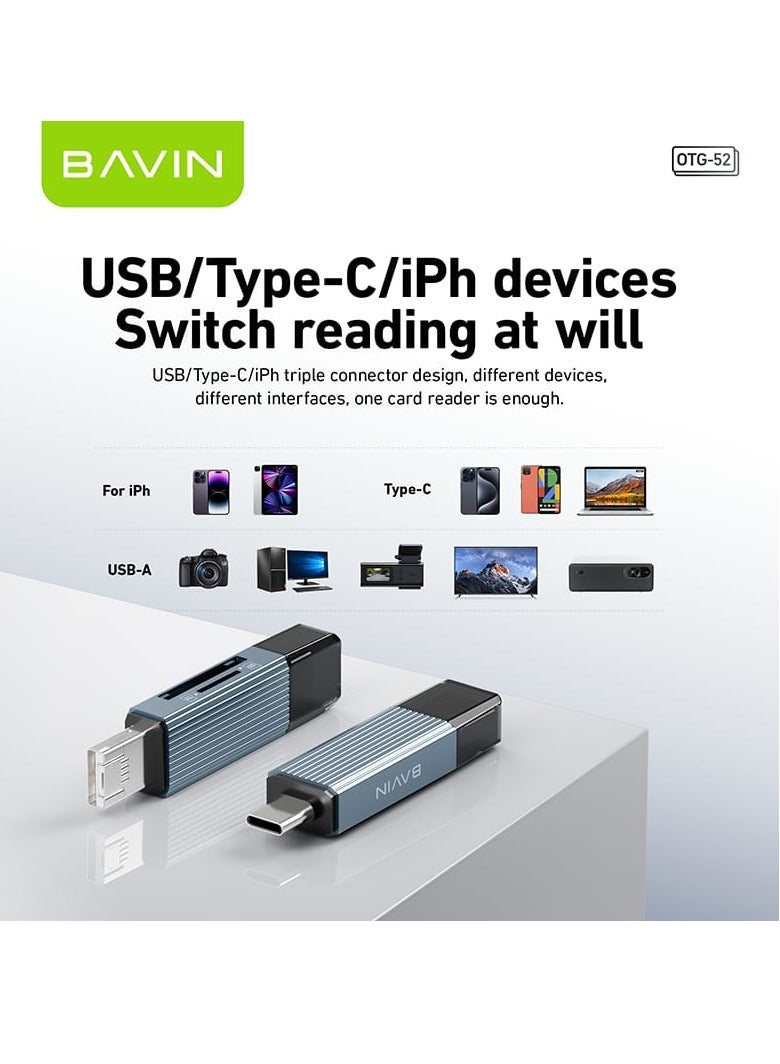 بافين قارئ بطاقات متعدد الوظائف 3 في 1 من النوع C إلى USB 3.0 + موصل iPhone مع فتحة قارئ بطاقة SD وبطاقة TF لأجهزة iPhone والكمبيوتر اللوحي والأجهزة المحمولة - Image 3