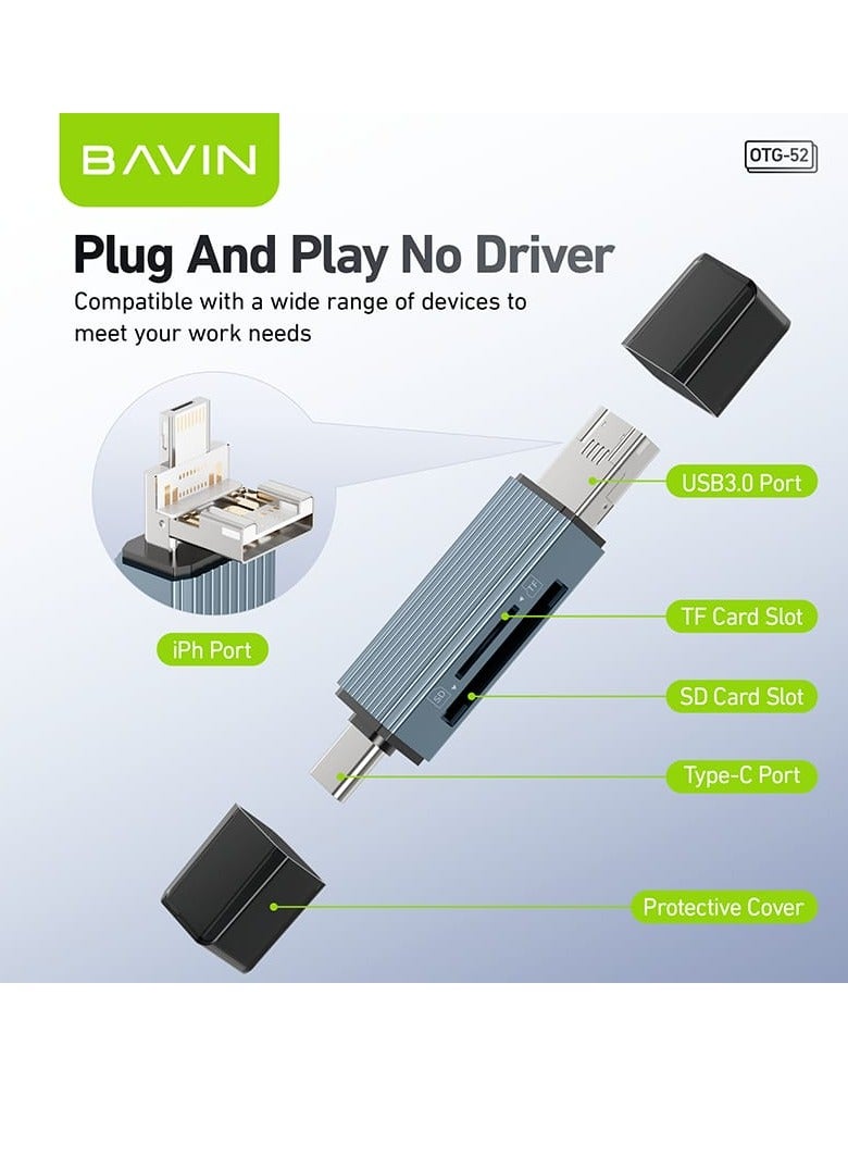 بافين قارئ بطاقات متعدد الوظائف 3 في 1 من النوع C إلى USB 3.0 + موصل iPhone مع فتحة قارئ بطاقة SD وبطاقة TF لأجهزة iPhone والكمبيوتر اللوحي والأجهزة المحمولة - Image 1
