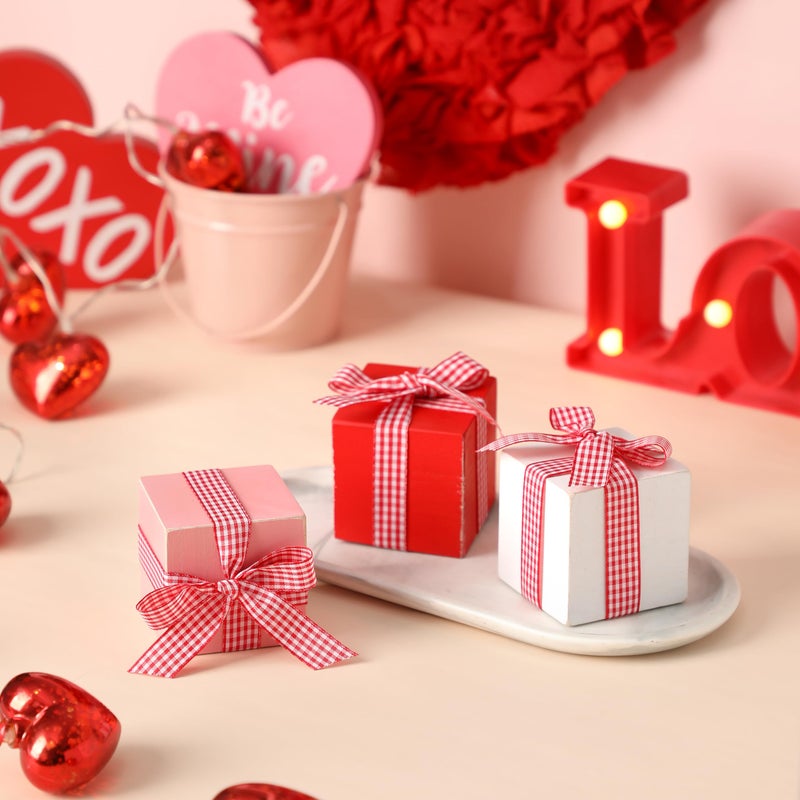 NEWLIGHTURE Valentine's Day Tiered Tray Decor  3 Pcs Mini Wooden Presents  Farmhouse Valentine's Day Home Decor with Bowknot  Valentine's Day Centerpiece for Table - Image 4