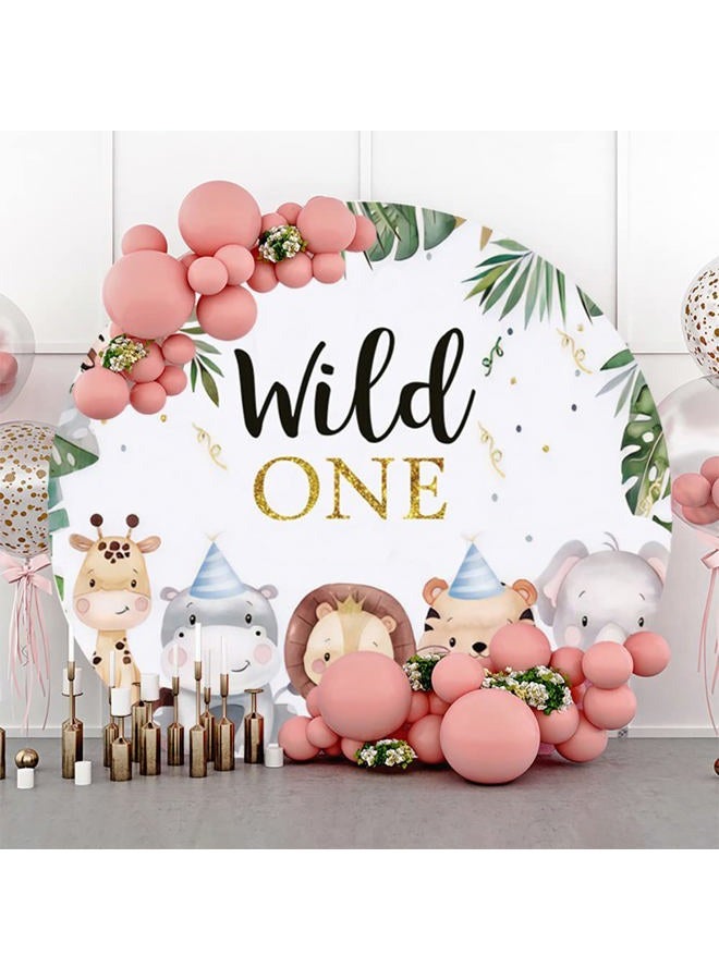 Leyiyi 7.2x7.2ft Wild One Round Backdrop Cover Jungle Safari Animals Circle Backdrop Stand Cover Tropical Leaves Forest Zoo Photography Background for Boys Birthday Party Baby Shower Cake Table Banner - Image 2