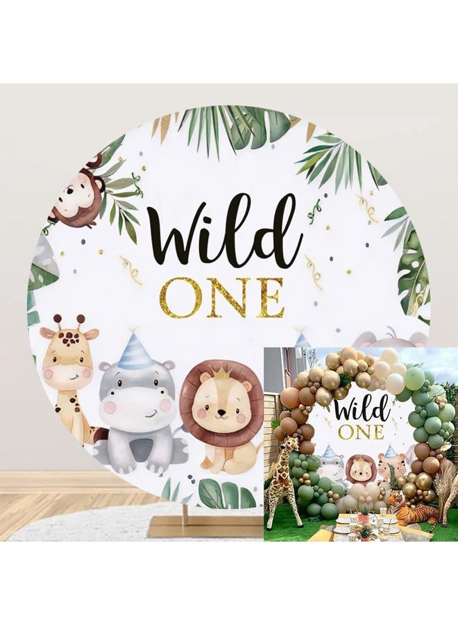 Leyiyi 7.2x7.2ft Wild One Round Backdrop Cover Jungle Safari Animals Circle Backdrop Stand Cover Tropical Leaves Forest Zoo Photography Background for Boys Birthday Party Baby Shower Cake Table Banner - Image 1