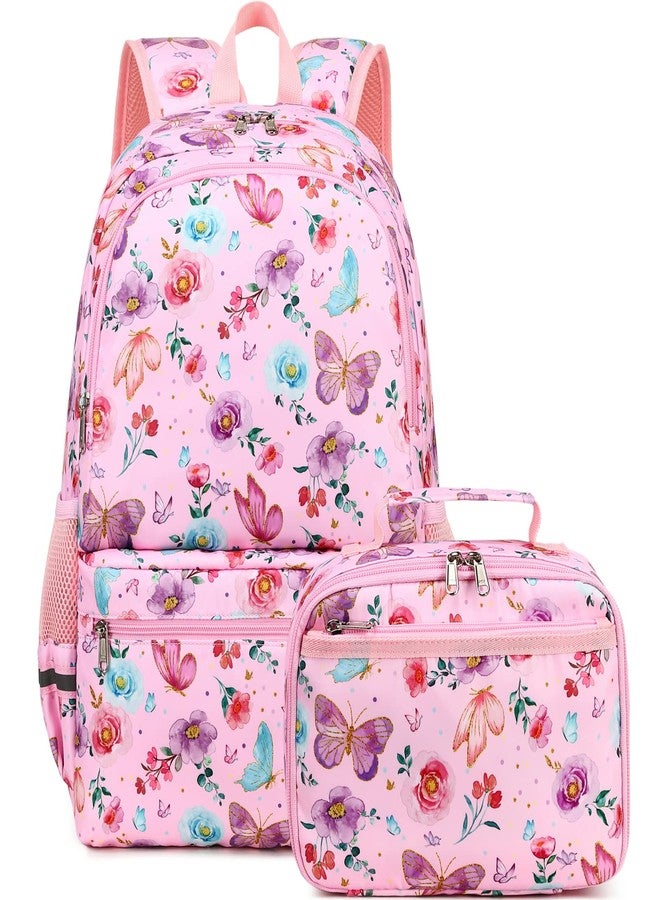 DSIUE Kids Backpack for Girls Elementary BookBags Teens Middle School Backpack with Lunch Box Butterfly Pink - Image 1