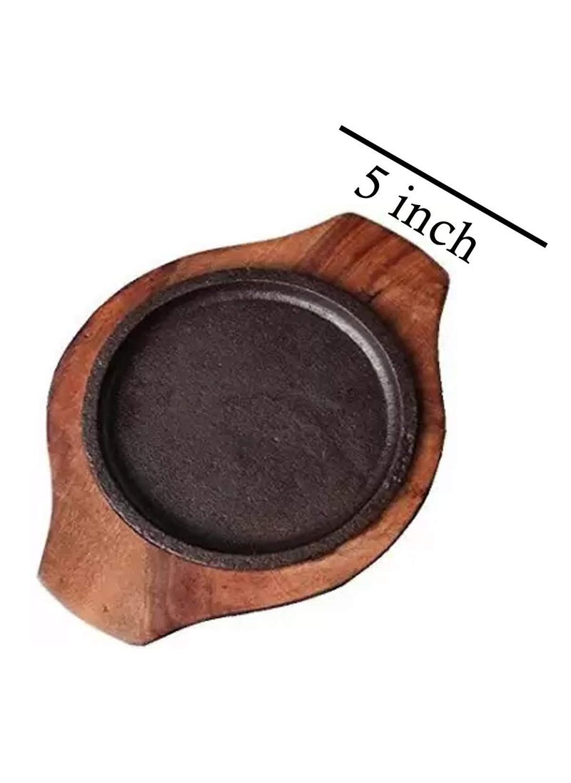 ViaZAID ViaZAID Cast Iron Steak Plate Sizzler Sizzling Plate with Wooden Base Hot Plate Gripper Steak Pan Grill Fajita Server Plate for Restaurant Home Kitchen Cooking__Brownie Sizzler 5 inch  - Image 3