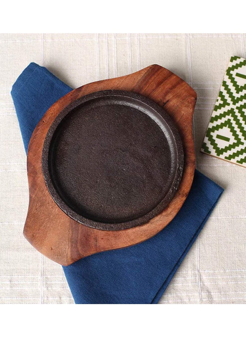ViaZAID ViaZAID Cast Iron Steak Plate Sizzler Sizzling Plate with Wooden Base Hot Plate Gripper Steak Pan Grill Fajita Server Plate for Restaurant Home Kitchen Cooking__Brownie Sizzler 5 inch  - Image 1