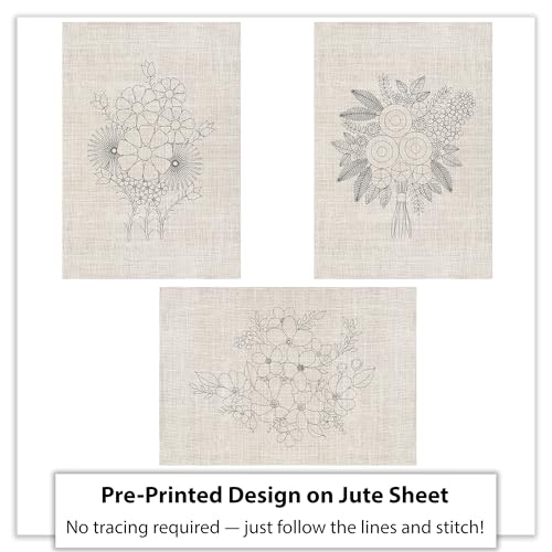 picknMAKE Pack of 3 Hoop-Free DIY Hand Embroidery Kits for Beginners & Adults | Stiff Jute Fabric Craft Kit | Floral Designs with 22 Threads, Needles, Cutter & Instruction Sheet | No Hoop Required - Image 5