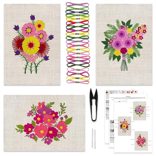picknMAKE Pack of 3 Hoop-Free DIY Hand Embroidery Kits for Beginners & Adults | Stiff Jute Fabric Craft Kit | Floral Designs with 22 Threads, Needles, Cutter & Instruction Sheet | No Hoop Required - Image 1