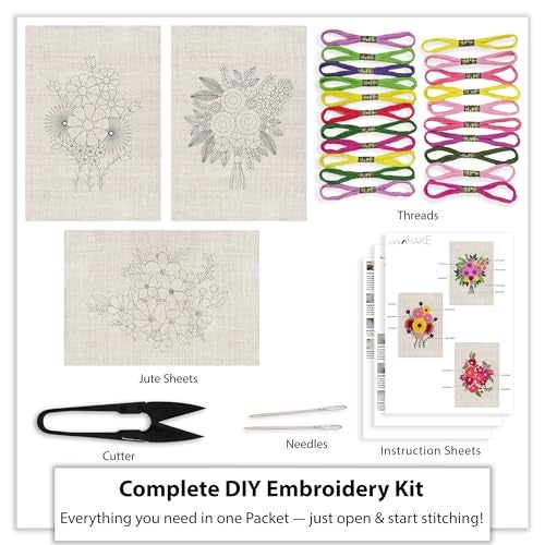 picknMAKE Pack of 3 Hoop-Free DIY Hand Embroidery Kits for Beginners & Adults | Stiff Jute Fabric Craft Kit | Floral Designs with 22 Threads, Needles, Cutter & Instruction Sheet | No Hoop Required - Image 2