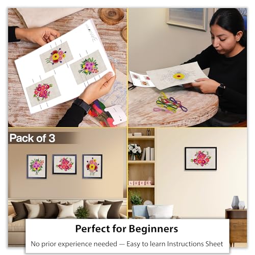 picknMAKE Pack of 3 Hoop-Free DIY Hand Embroidery Kits for Beginners & Adults | Stiff Jute Fabric Craft Kit | Floral Designs with 22 Threads, Needles, Cutter & Instruction Sheet | No Hoop Required - Image 4