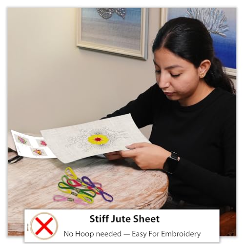 picknMAKE Pack of 3 Hoop-Free DIY Hand Embroidery Kits for Beginners & Adults | Stiff Jute Fabric Craft Kit | Floral Designs with 22 Threads, Needles, Cutter & Instruction Sheet | No Hoop Required - Image 3