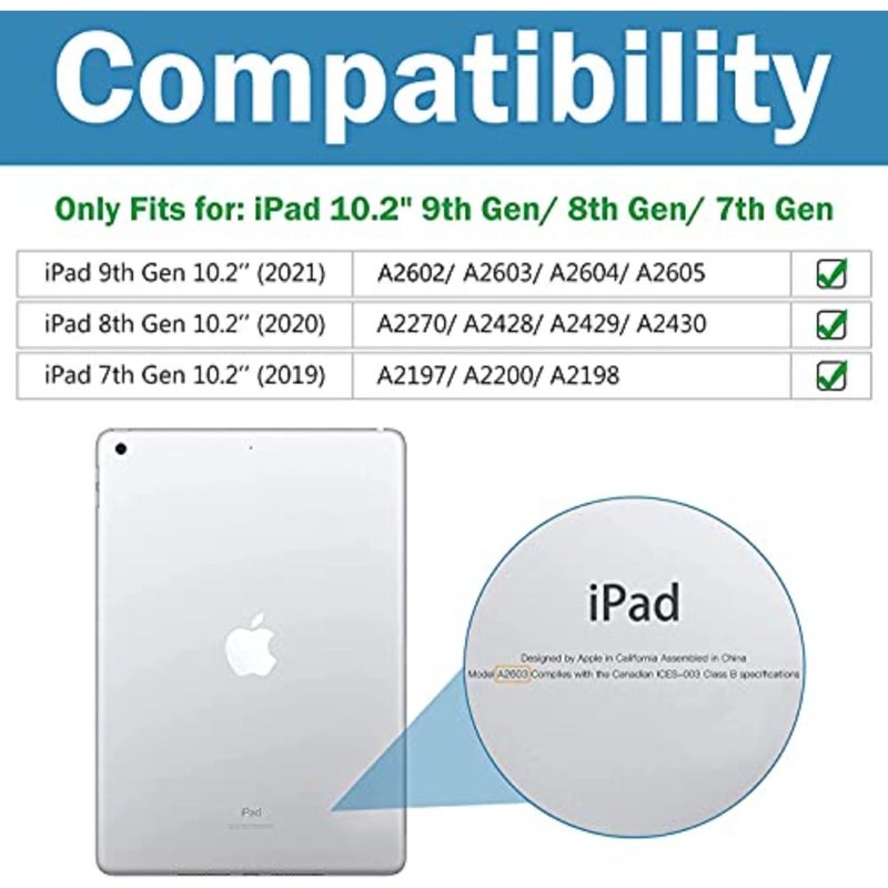 حافظة iPad 9th 8th 7th Generation للكمبيوتر اللوحي مقاس 10.2 بوصة، هيكل متين من البولي كربونات، لمسة نهائية سوداء غير لامعة، حماية شديدة التحمل مع حامل قلم رصاص وحامل دوار 360 درجة - Image 2