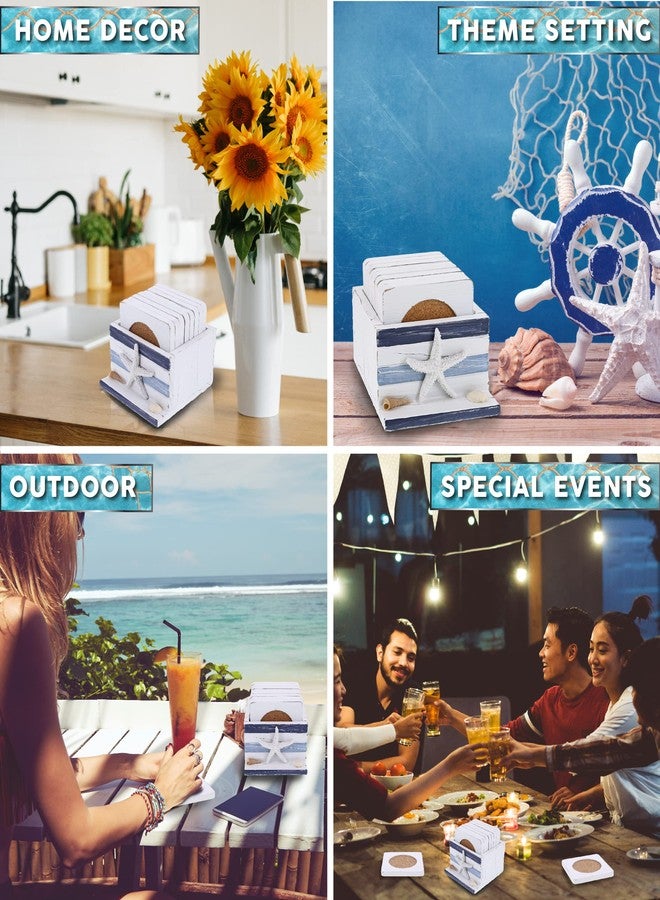 Puzzled COTA Global Blue Stripes Nautical Wooden Coaster Set - Table Top Centerpiece Coastal Decor for Kitchen, Home, Beach House, Rustic Decorative 8 Coasters Set with Holder - Handmade Color May Vary - Image 3