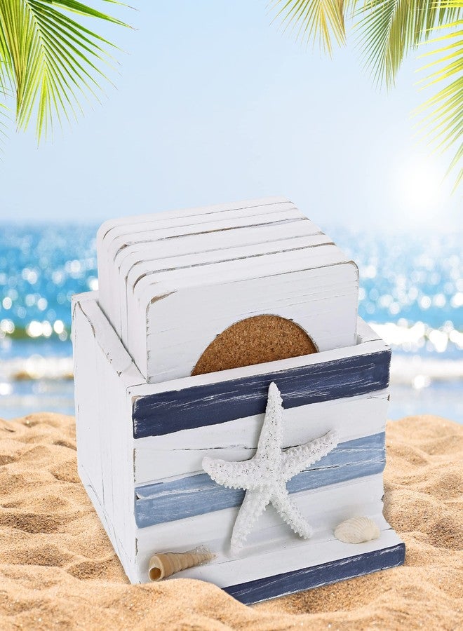 Puzzled COTA Global Blue Stripes Nautical Wooden Coaster Set - Table Top Centerpiece Coastal Decor for Kitchen, Home, Beach House, Rustic Decorative 8 Coasters Set with Holder - Handmade Color May Vary - Image 5