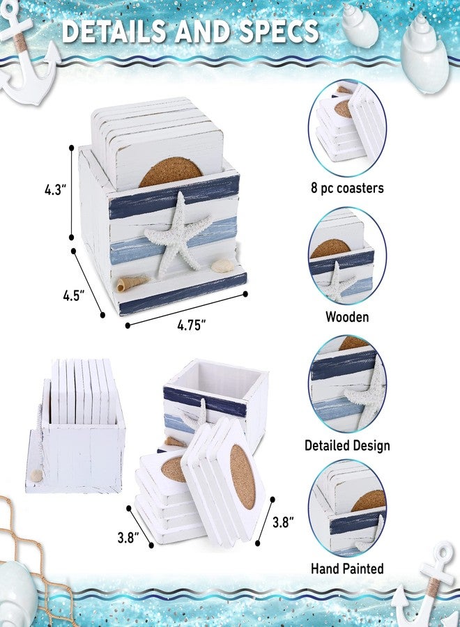 Puzzled COTA Global Blue Stripes Nautical Wooden Coaster Set - Table Top Centerpiece Coastal Decor for Kitchen, Home, Beach House, Rustic Decorative 8 Coasters Set with Holder - Handmade Color May Vary - Image 2