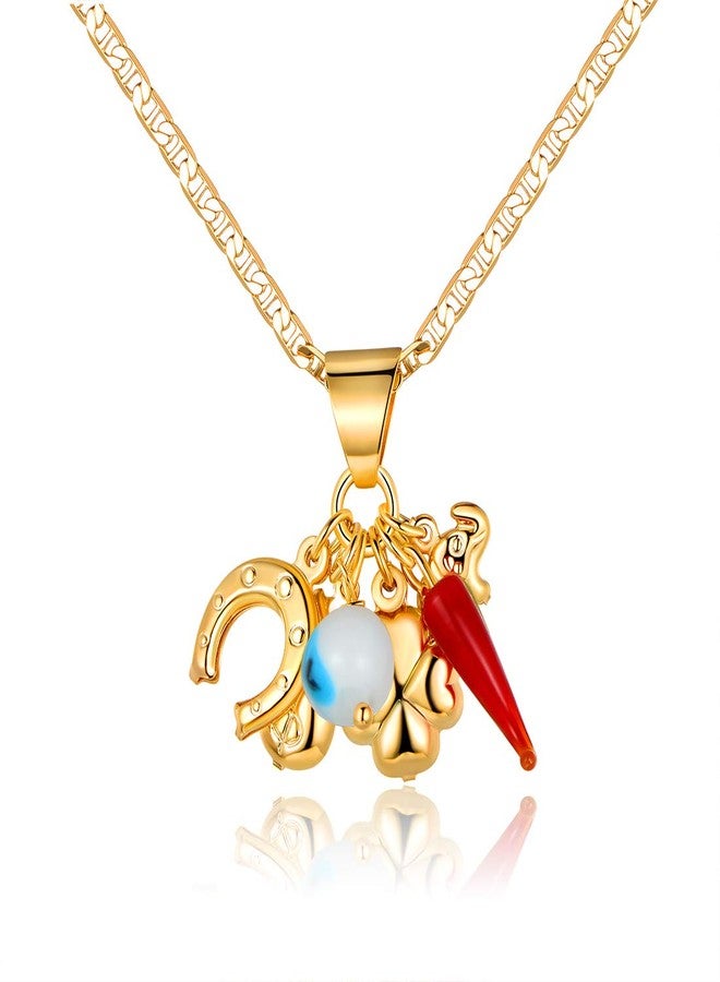 Barzel 18K Gold Plated Luck Charms Necklace With Mariner Chain - Made In Brazil (24 Inches) - Image 1