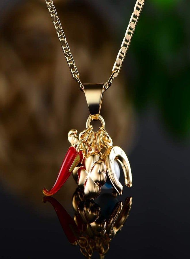 Barzel 18K Gold Plated Luck Charms Necklace With Mariner Chain - Made In Brazil (24 Inches) - Image 5