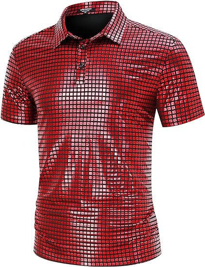 New Mens Halloween cross-border hot mens shirt sequined shirt 70s disco party Red