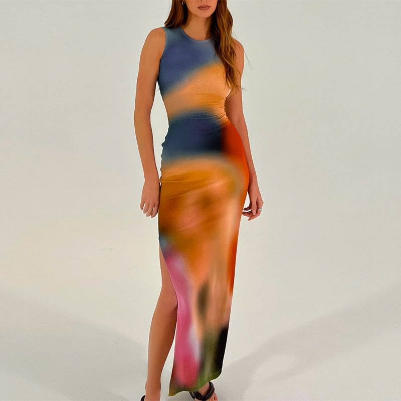 2026 Summer Women's Tie-Dye Printed Slit Dress - Image 2