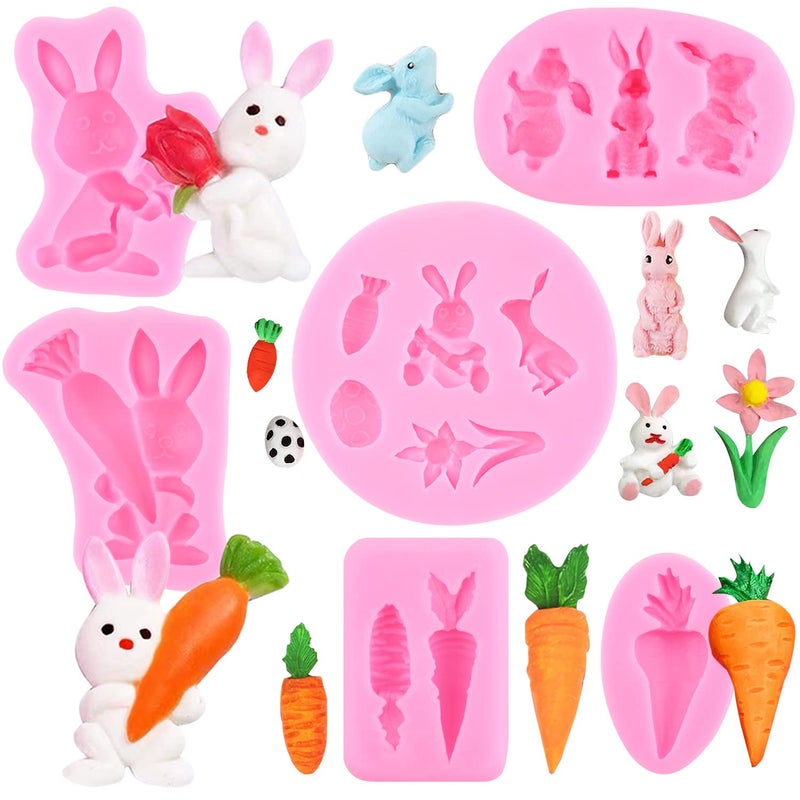 ZiXiang Easter Fondant Molds Rabbit Silicone Molds Carrot Chocolate Mold Bunny Flower Candy Mold For Cake Decorating Cupcake Topper Polymer Clay Gum Paste Set Of 6 - Image 1