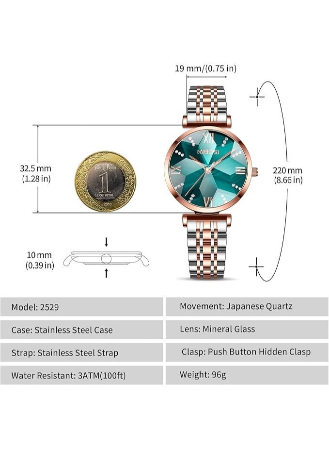 NIBOSI Women's Watch Analog Rose Blue Diamond Wrist Watch for Ladies Fashion Quartz Stainless steel Dress Round Dial Waterproof Watch - Image 2