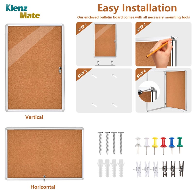KlenzMate 36"x24" Enclosed Cork Bulletin Board Tamper-Proof Dispaly Case,Brown Fabric&Aluminium Frame,Shatter Resistant Lockable Bulletin Board with Clear Acrylic Door for School,Office,Mall,Community,Hospital - Image 2