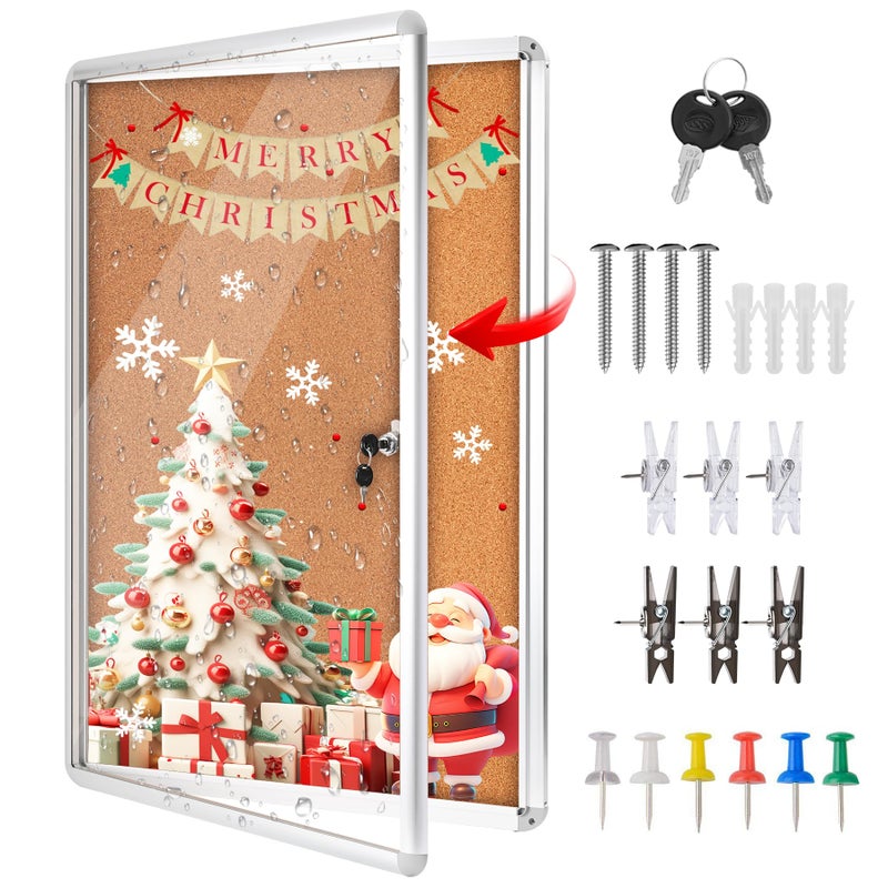 KlenzMate 36"x24" Enclosed Cork Bulletin Board Tamper-Proof Dispaly Case,Brown Fabric&Aluminium Frame,Shatter Resistant Lockable Bulletin Board with Clear Acrylic Door for School,Office,Mall,Community,Hospital - Image 1