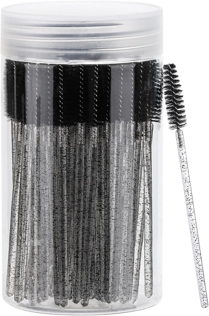 Tbestmax 100 Pcs Disposable Mascara Wands, Crystal Eyebrow Spoolies Brush for Eyelash Extensions, Black Lash Brushes with Container - Image 1